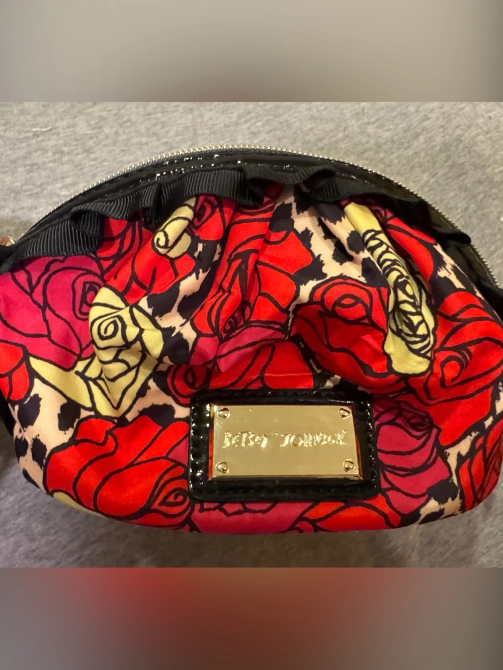 Betsey Johnson Red and Pink Rose Print Cosmetic Pouch with Cream Accents